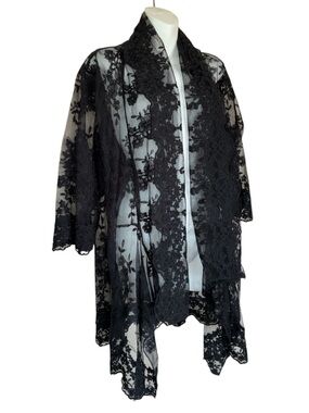 APPAREL LOVE Black Floral Lace Sheer Robe Kimono Cover-Up. L